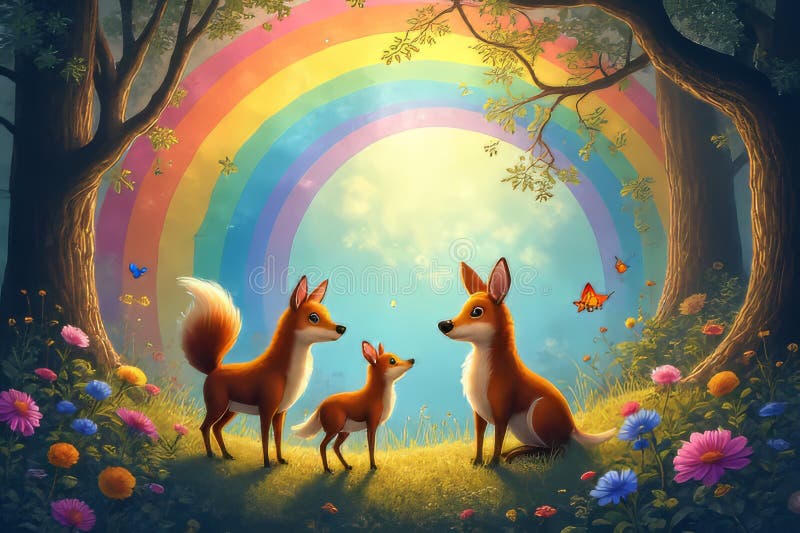 Fuchsfamilie unter dem Regenbogen